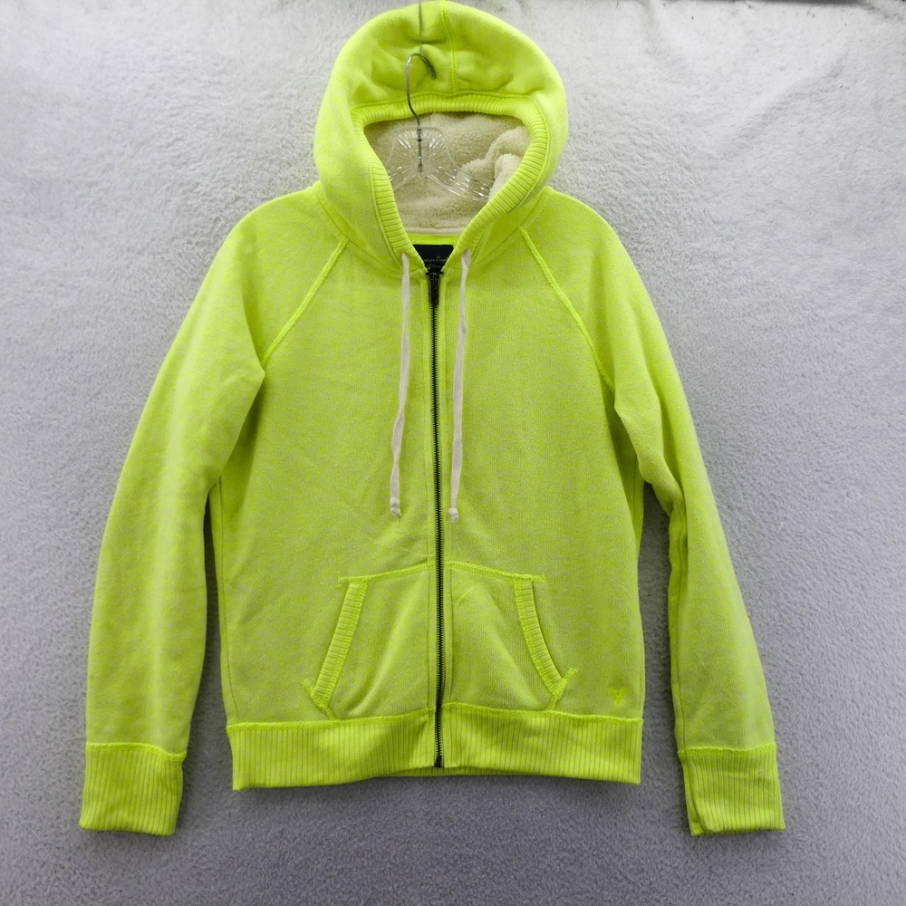 American Eagle Hoodie Women Large Full Zip‎ Neon Yellow Sherpa Lined Hood Poly